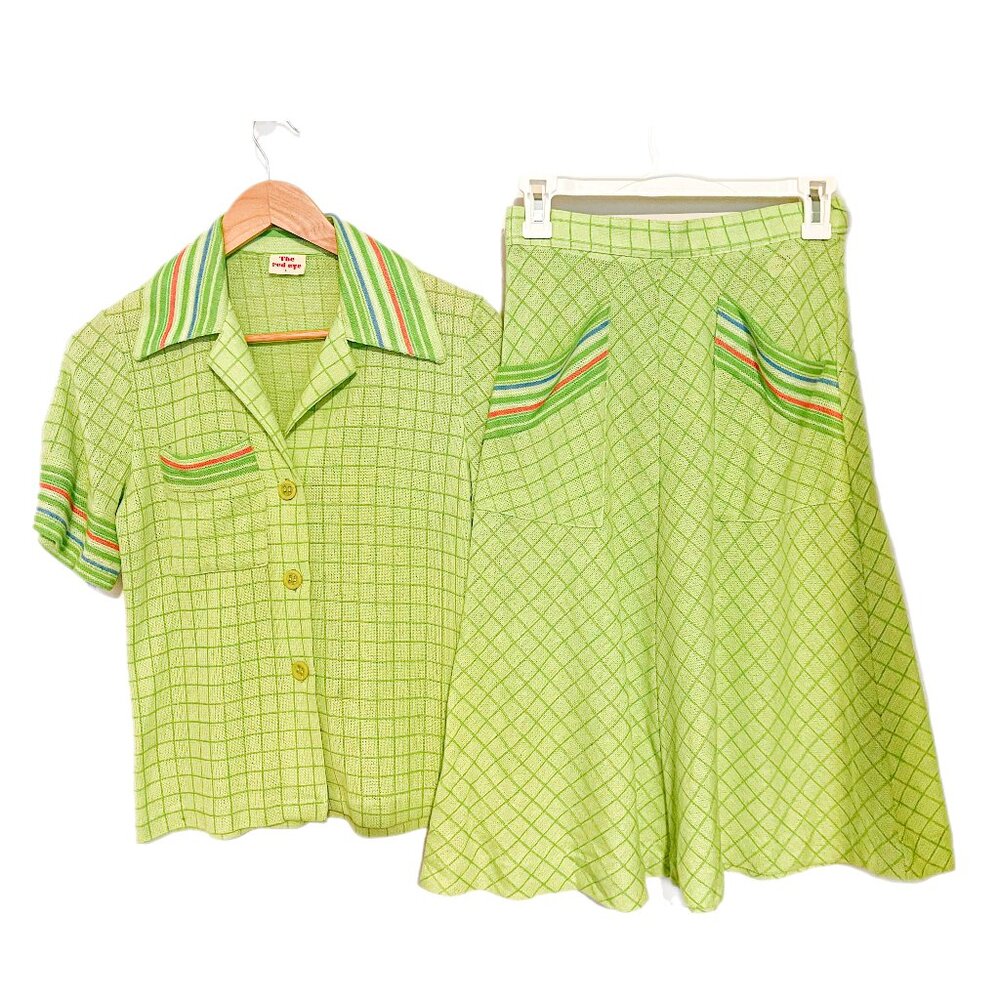 1970s green plaid knit skirt set with striped trim